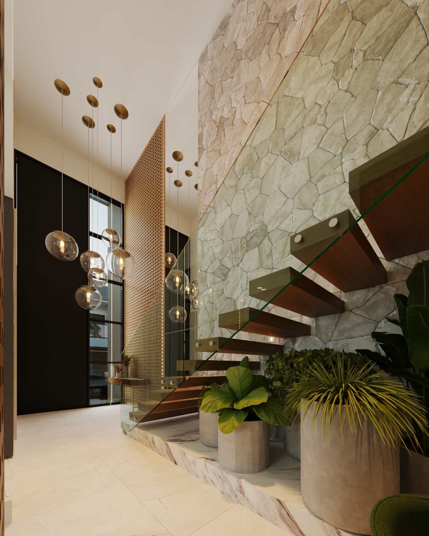 Hall de entrada com escada e pé-direito duplo