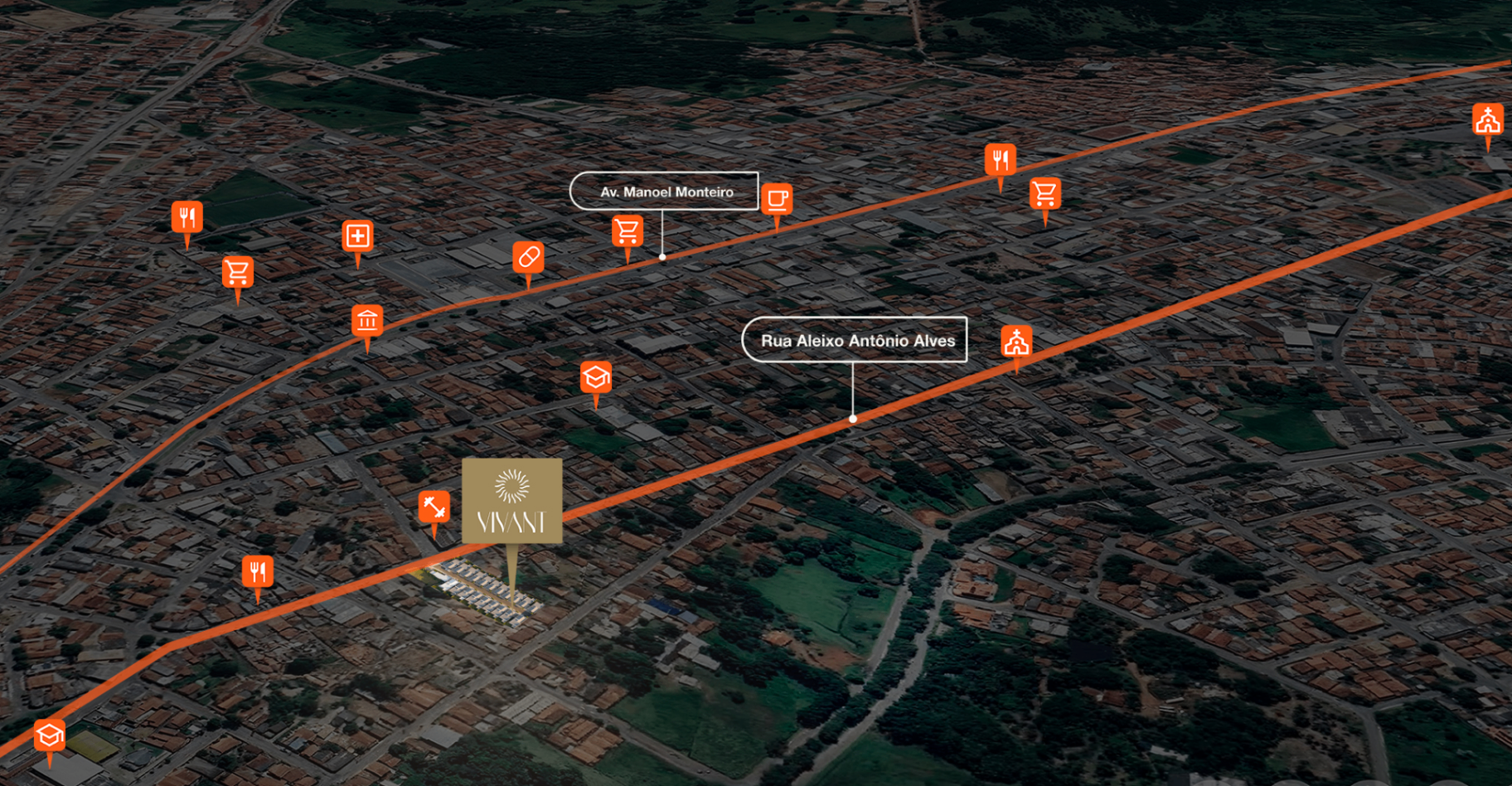 Mapa da localização do condomínio Vivant em Trindade — Rua Aleixo Antônio Alves, próximo à Av. Manoel Monteiro, com supermercados, escolas, farmácias e restaurantes ao redor